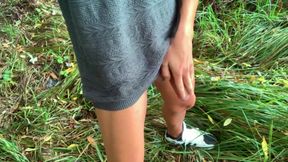 Twink in White Sneakers Jerks off Through Rainy Day Outdoor