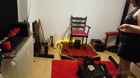 Curvy Brunette Dominatrix Commands Bound Slave in Fetish Dungeon
