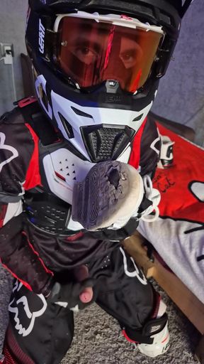 An Excited Guy in Motorcycle Gear Fucks His Sneakers