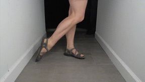 Muscular Calves Show Off in Grey and Purple Sandals-Open Toed Flats-Calf Muscle Fetish MP4