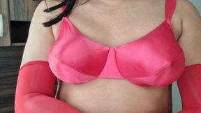 Sexy Vs Red Satin Bra, C Cup Caressing Boobs