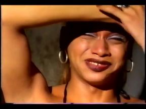 Mocha shemale beauty Vo D'Balm gets her face fucked by three horny studs