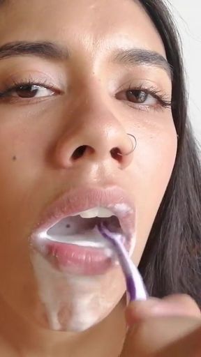 Teeth Brushing with Creamy Cum