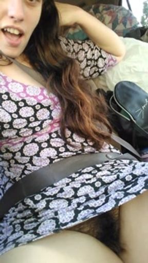 Public Car play Makes Me Excited! Hairy Pussy Thick Thighs Slut in Passenger Seat Flashes Upskirt