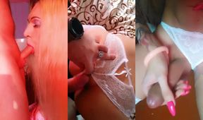 Blonde bimbo ruined in white lingerie deep throat creampie facial
