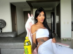 Big Tits Tranny Jerking her Big Hard Cock