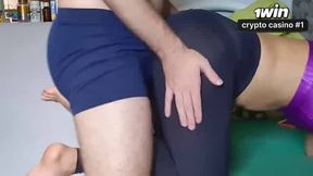 Leggings assjob, doggystyle encoxada jism in pants, spunking on leggings