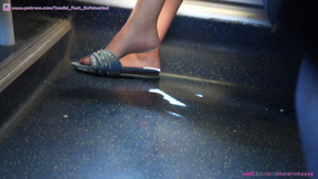Candid amazing beauty girl with hot feet dangling slippers