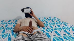 Jerking off big cock watching VR porn