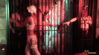 Two prisoners get their dicks sucked by a brunette chick before banging her