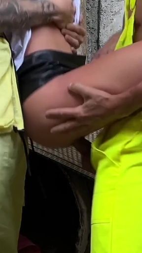 Powerful moment from &quot;Three workers persuade a fragile inspector to fuck. Katty West + DisDiger, Falcon Al and Kit Belove&quot;