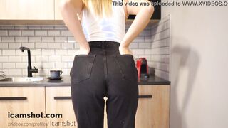 A WOMEN WITH A LONG BUTT MOVES SLOWLY AND TAKES