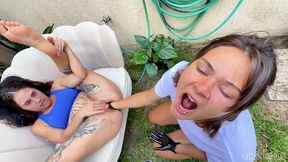 kinky mary fists her tattooed friend outdoors and drinks piss on her knees