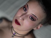 Gothic girl doing a striptease and lapdance, masturbates and slaps her wet pussy