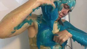 Oiled and creamed girl gunged in the caravan