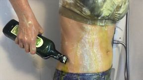 Oiled and creamed girl gunged in the caravan