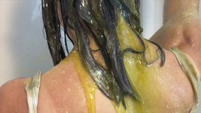 Oiled and creamed girl gunged in the caravan