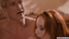 Stepson wants stepdad and his big tits redhead milf stepmom to tone down the loud fucking.Hes invited to join and gets sucked off by the cougar