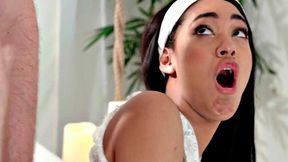 Massaging ebony ass oiled by client after teasing