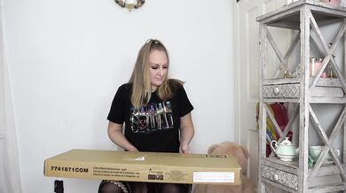 Hot dumb blonde bimbo builds coffee bar backwards with big tits bulging in fish nets
