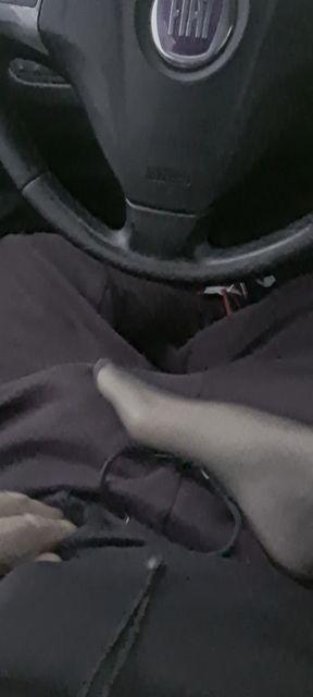 Stockinged Footjob in the Car