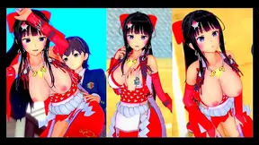 Big-Breasted Shrine Swordfighter Kai Rubs Tits & Gives Blowjob Handjob Feast