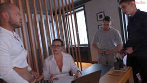 Oksana, the slutty secretary, gets gangbanged in an office sex party