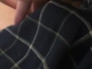 Shaved pierced cock flexing in my boxers right in the living room