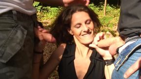 Threesome sex with skinny MILF in wood