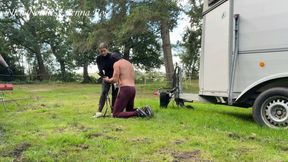 2 riding mistresses show the cleaning boy where he belongs
