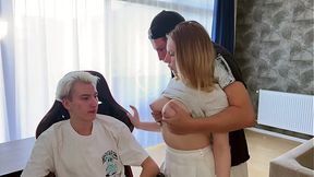 Virgin stepboy's first time with busty girlfriend and friend