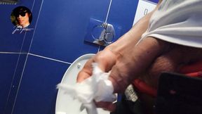 Gay twink pisses pee, masturbates his penis and ejaculates sperm in the toilet