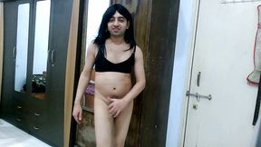 Sexy sissy crossdresser femboy Sweet Lollipop in sexy black lingerie.