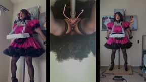 Sissy Maid with Her Serving Tray Riding Her Dildo Stand