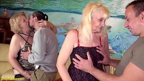 two elderly women receive intense creampie creampie from their young lovers during a wild group sex session