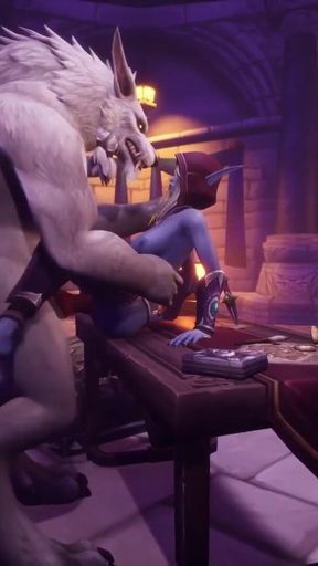 Werewolf fucks Night Elf on a table