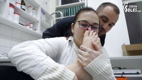 Man Worships Big Bare Feet of One Cute Pharmacist