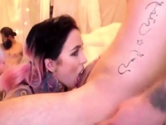 Tattooed Amateur Gives Lucky Man Intense Webcam Blowjob