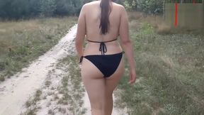 Topless and nude walk in forest