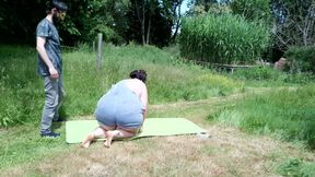 Strong Wife Workday - Strong BBW Uses Her Man as Leg Press After Mowing the Lawn