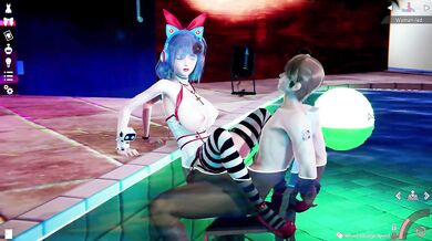 Chubby cosplay temptation in Honey Select 2 pool sex at night