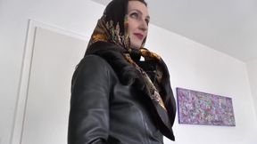 Satin Headscarf Fashion Show, Satin Headscarf and Leather Jacket, JOI Lady Victoria Valente