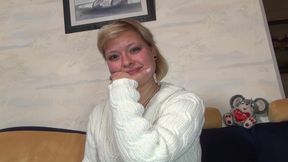 Blonde German slut in stockings fucks herself with dildo