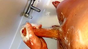 Just me cleaning my cock soapy shower wank