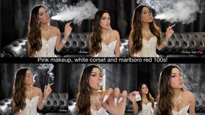 Pink makeup, white corset and marlboro red 100s!