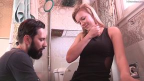 Blonde chick gets a surprise from her man at the bathroom