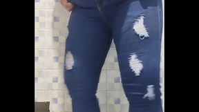 Mature woman caught in public bathroom