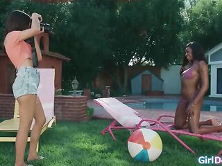 Black Nicole Kitt and her bff Lucy Lotus have a fun their outdoor photoshoot.When the photographer Natalie Brooks asks 'em to kiss they go wild