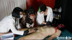 Three doctors: Dominatrix Onirika, Mistress Ilina Poisonet, and I, Mistress Boo. Coats, latex gloves, Wartenberg wheel, and vacuum cups. A body subdued. Total inspection of orifices.