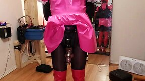 Self-bondage CD maid with a spiked chastity cage